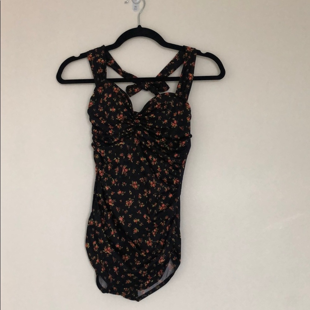 Unique Vintage 1950s Black Floral Swimsuit 1-piece